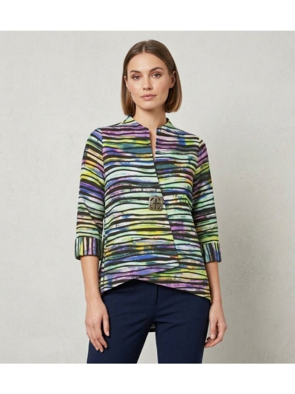 IC by Connie K Swing Jacket Womens Small Watercolor Asymmetric Knit 3/4 Sleeve